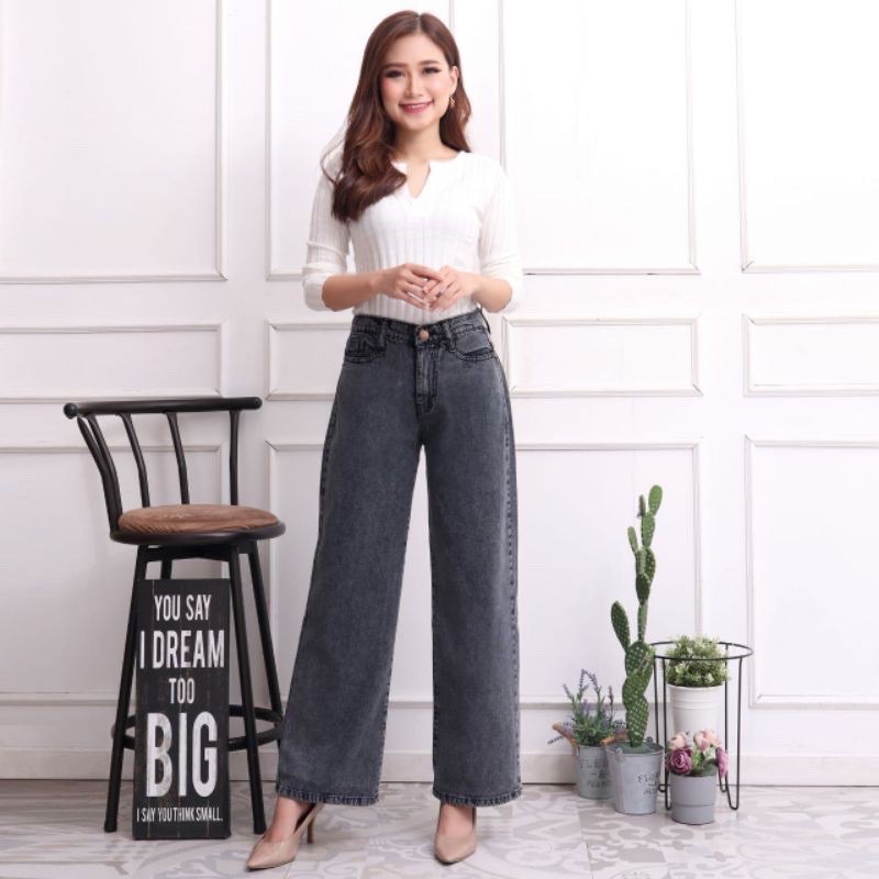 Celana Kulot Wanita Jeans Tebal Highwaist - Bahan Sakura Jeans - (Ukuran 27 - 34)