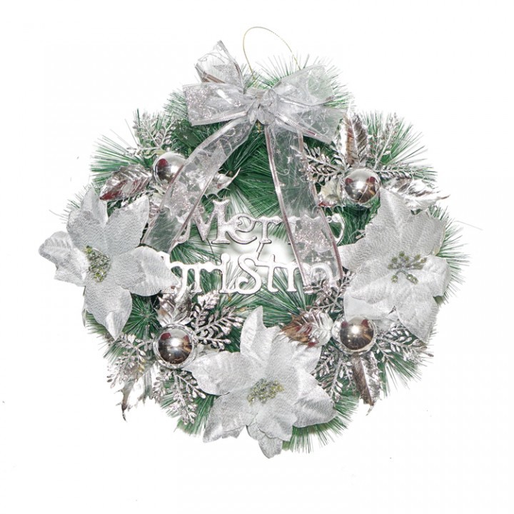 Hiasan Krans Natal Silver Poinsettia -  Hiasan Dinding Natal