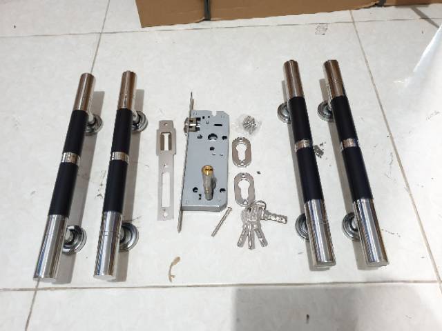 Paket handle pintu stainless 33cm bulat hitam 2set + kunci pelor belmondo PROMO TERMURAH