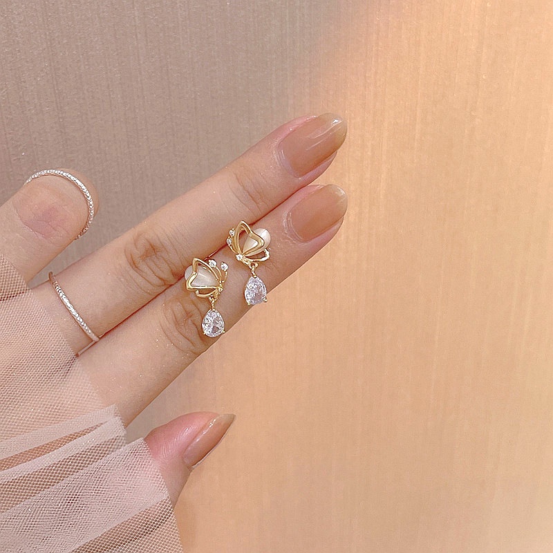 Anting Desain Butterfly Love Water Drop Zircon Bahan Sterling Silver Gaya Korea Untuk Wanita