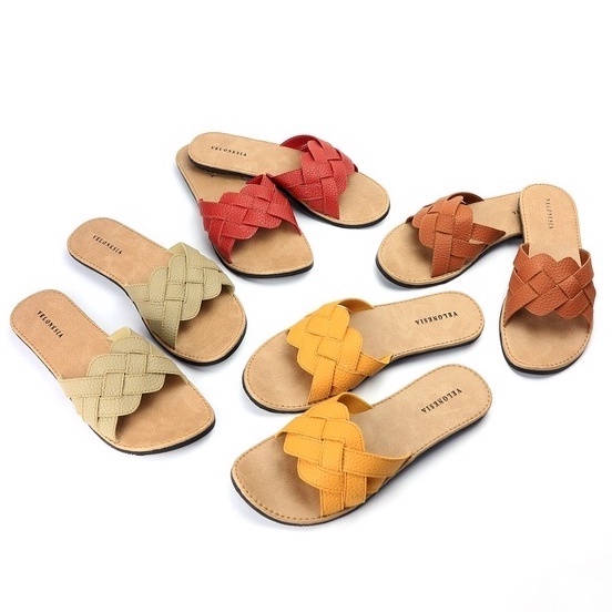 Sandal Wanita Flat Sandal Flip Flop Kulit Sintetis Sandal Papirut Sol Karet Anti Licin Velonesia - Nastya