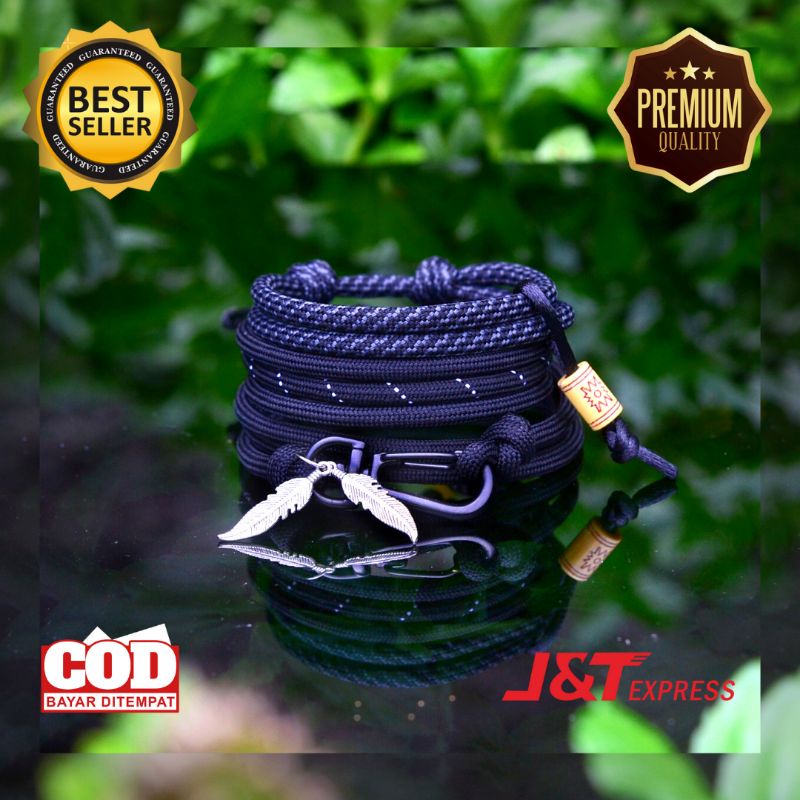 Gelang Pria Keren Tali Paracord Prusik 4mm Cowok Laki Viral Set Paket Hitam Polos Paket NA05 Adjustable Terbaru