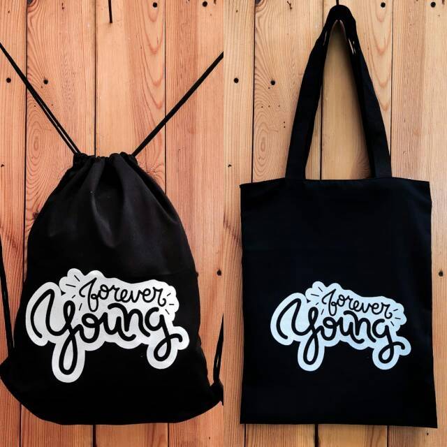 Totebag / String bag ransel serut sablon  FOREVER YOUNG / kpop / korea || Kiiyoomii