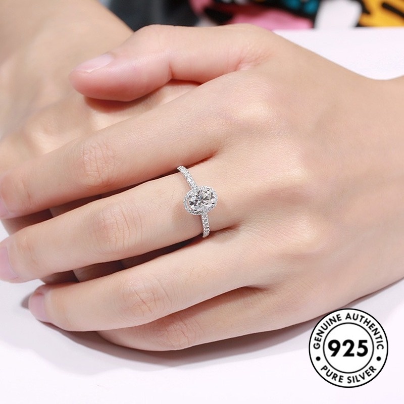 Cincin Berlian Oval Bahan S925 Silver Gaya Elegan