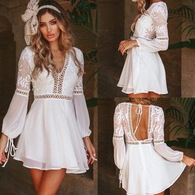 DRESS MINI DRESS SEXY WOMEN LACE LONG SLEEVE PARTY EVENING COCKTAIL MINI DRESS DRESS WANITA