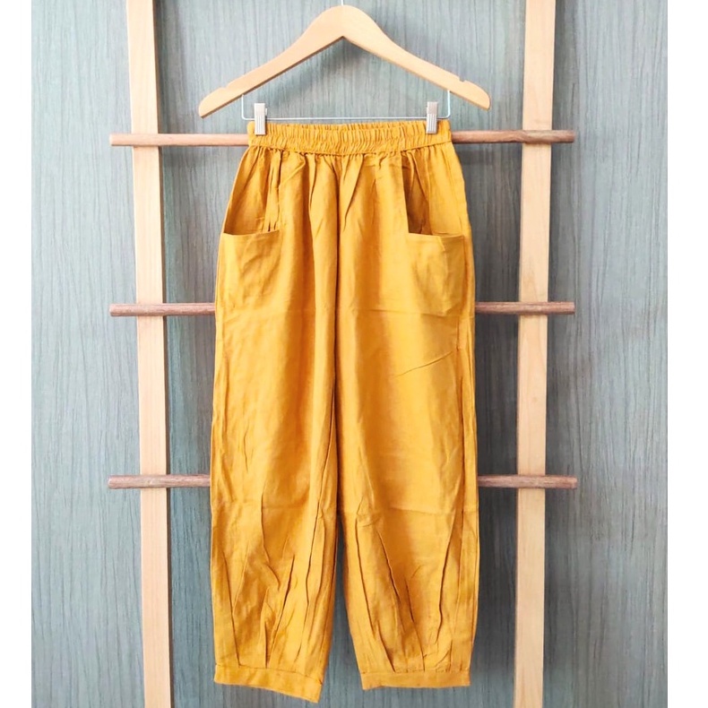 CoD- Hinata Pants- Celana Santai 7/9- Celana Kulot Wanita- Celana Baggy Rami Premium- Celana Panjang-Kuning