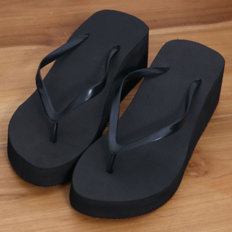 sandal wedges jepit wanita POLOS HITAM murah