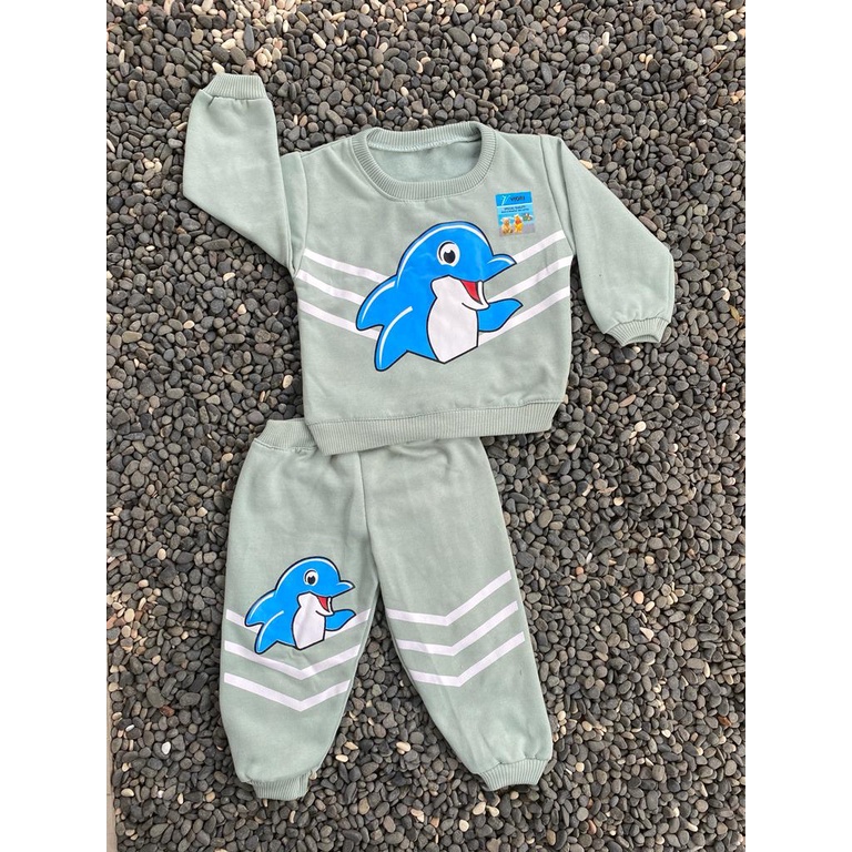 sweater bayi lucu murah motif lumba lumba setelan 1-2tahun
