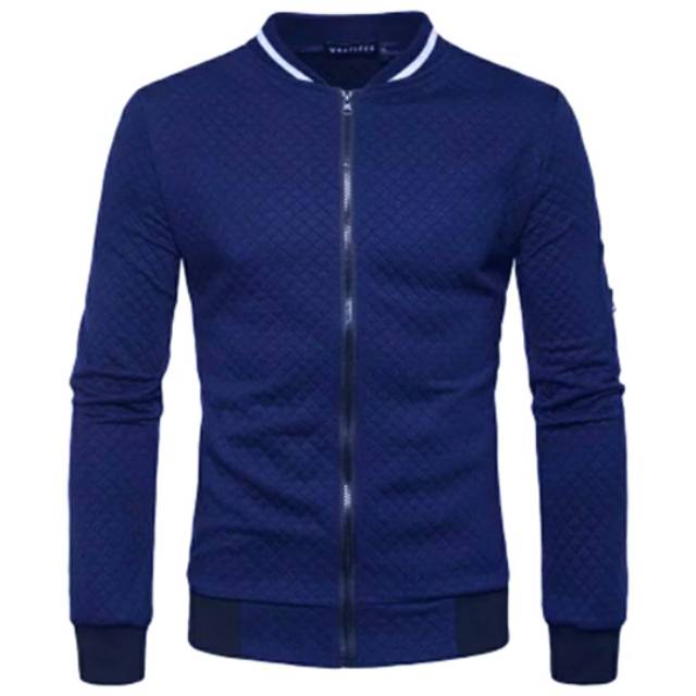 Jaket pria trend line navy tipe biru laki laki cowok biru/ jaket fleece Korea motif kotak-kotak