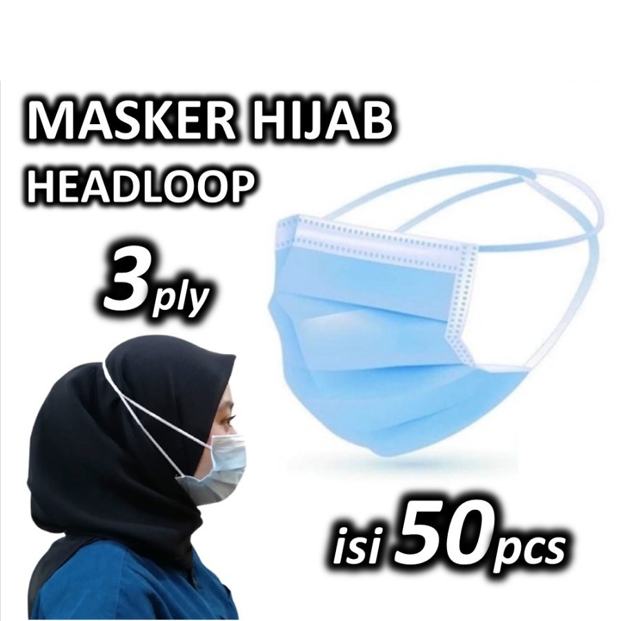 FUTAKO Masker Hijab Headloop 3 Ply 3Ply Face Mask anti Debu Virus isi 50 Pcs