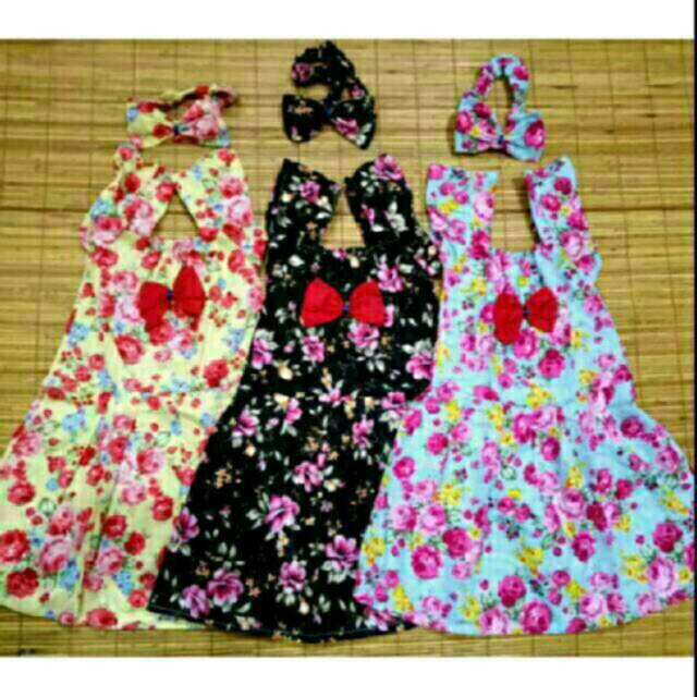 (Harga Ecer)Dress lengan dengan pita di dada bahan katun lokal dingin bonus headband dress netnia