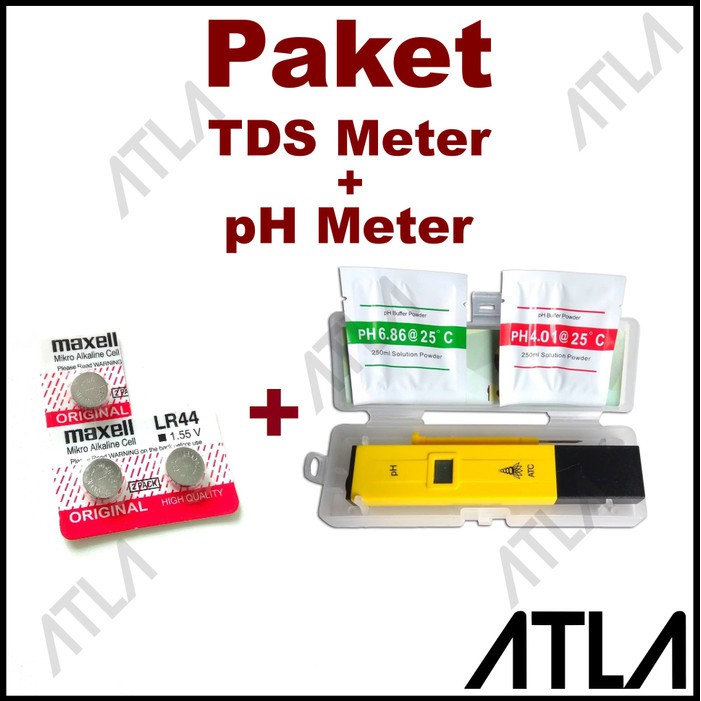 Murah Paket pH Meter Alat Tester ATC Buffer + 3 Battery Cadangan LR44+EU001 Elegan