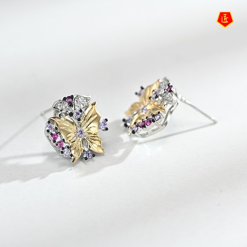 [Ready Stock]18K Gold Two-Color Butterfly Pendant Full Diamond Earrings Set