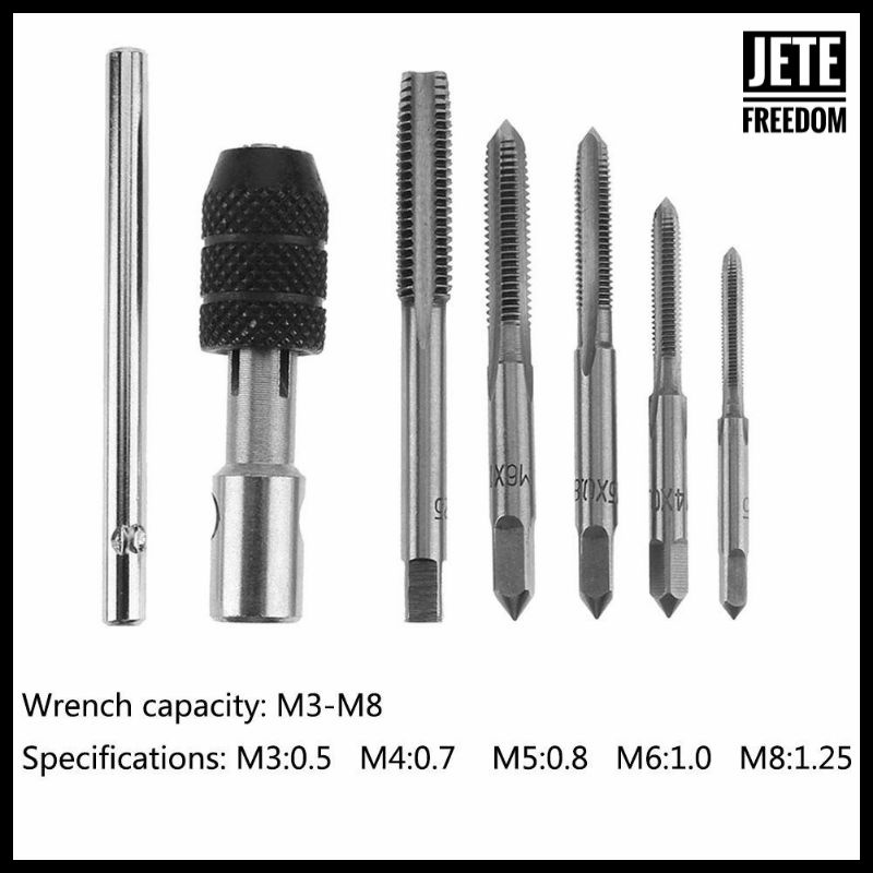 Alloet Hand Tap M3 M4 M5 M6 M8 Plus Gagang SET 6 PCS Mata Bor Wrench Drill Bit Hand Tapping Twist Bit Melubangi Baja Perkakas Petukangan Tools