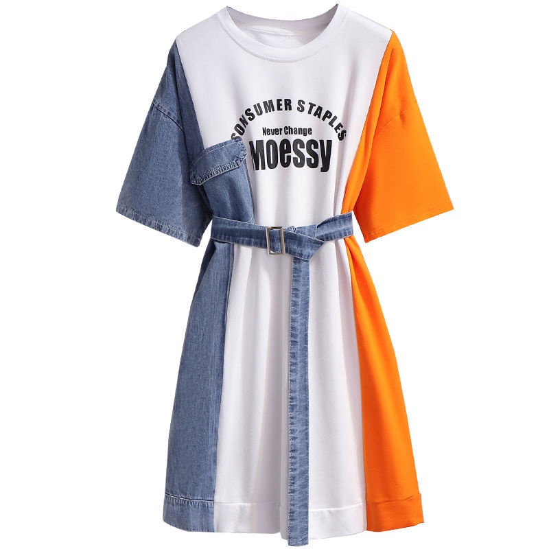 Denim stitched T-shirt dress women's summer 2021 new design sense, small people close the waist and