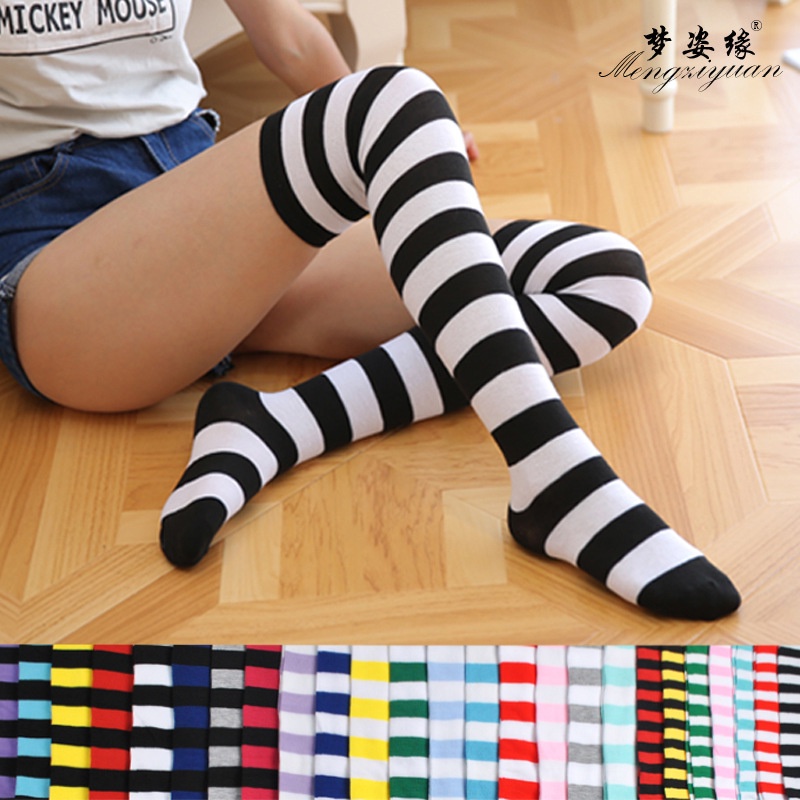 Kaos Kaki Wanita Over Knee Socks Kaos Kaki Sepaha Motif Belang-Belang Kaos Kaki Panjang