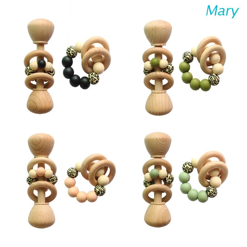 Mary 2pcs / Set Mainan Edukasi Rattle Teether Manik-Manik Kayu + Silikon Untuk Bayi