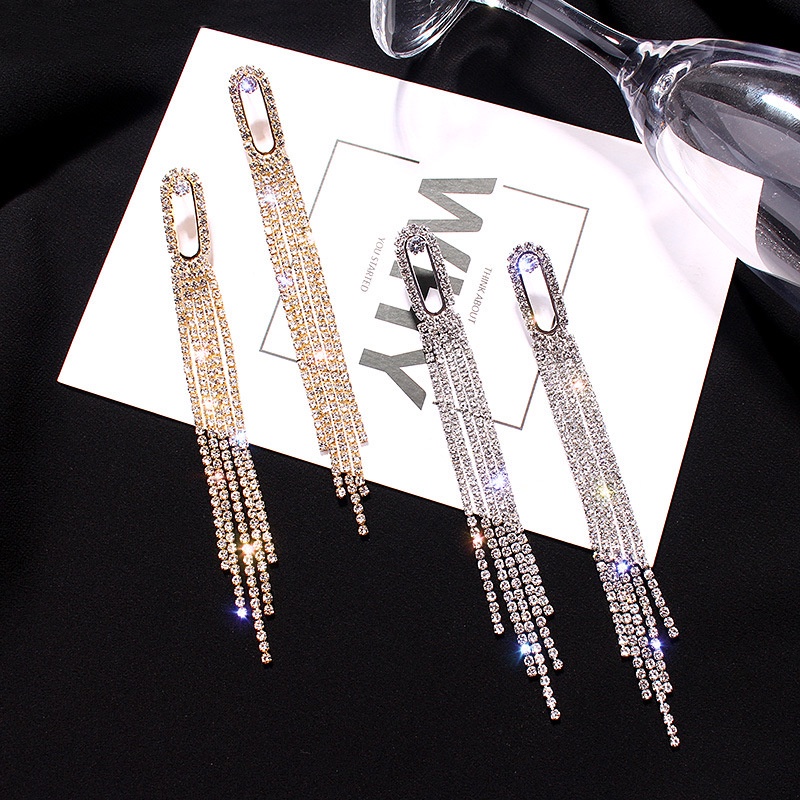 Gold and Silver Rectangle Hollow Geometric Long Tassel Rhinestone Stud Earrings