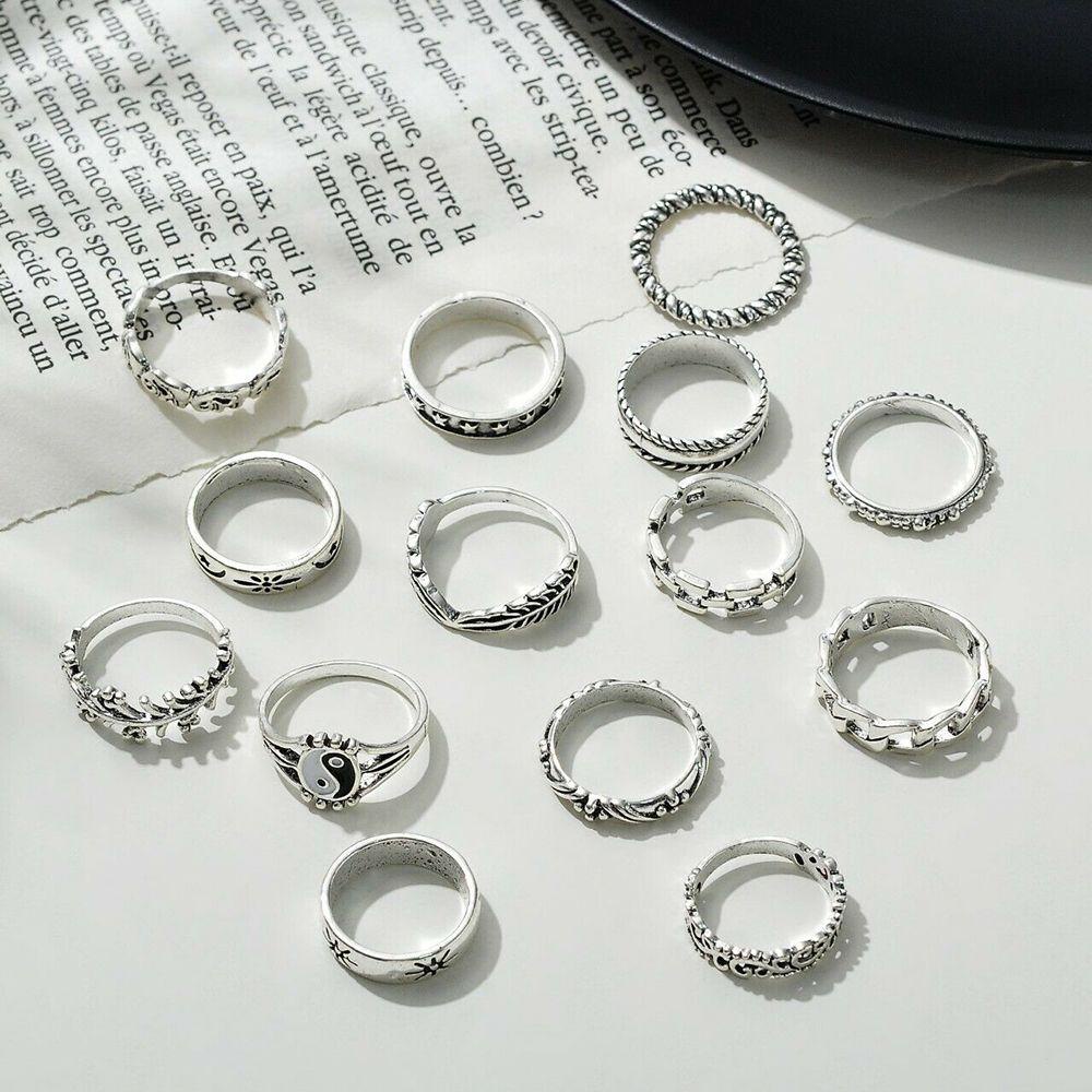 Lily Yin Yang Knuckle Set Cincin Wanita Kepribadian Bulu Gajah Tengkorak Rings Vintage Punk