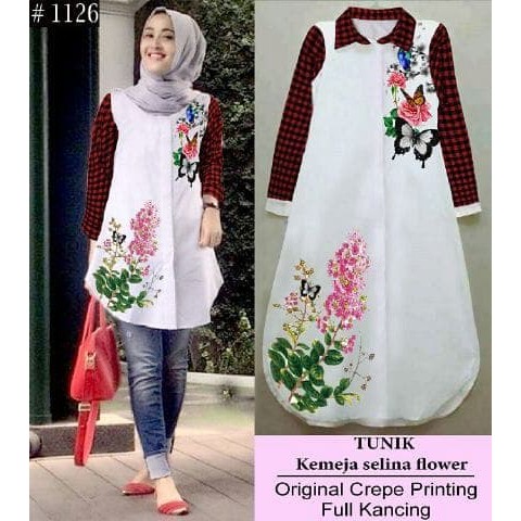 (Promo) Set Syari Putih Polos MAXMARA [tunix selina kotak red RO] tunik wanita crepe printing kotak