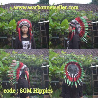 TOPI INDIAN - INDIAN HEADDRESS SMALL ANGSA MONTE HIJAU TUTUL MERAH MERAH