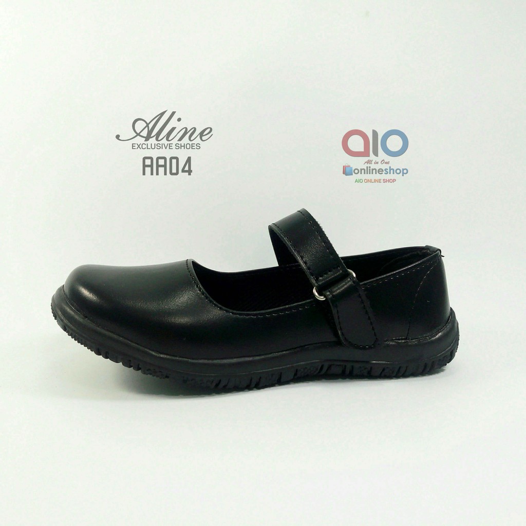 Aline Sepatu Anak Perempuan Size 31-35 Pantofel Paskibra Sekolah Hitam PAUD TK SD Flats AA04