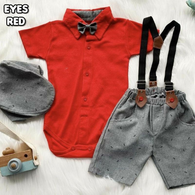 Baju setelan Jumper Suspender Anak Bayi Laki-laki plus topi / Setelan Suspender Bayi Size 3 -9 Bulan-Eyes