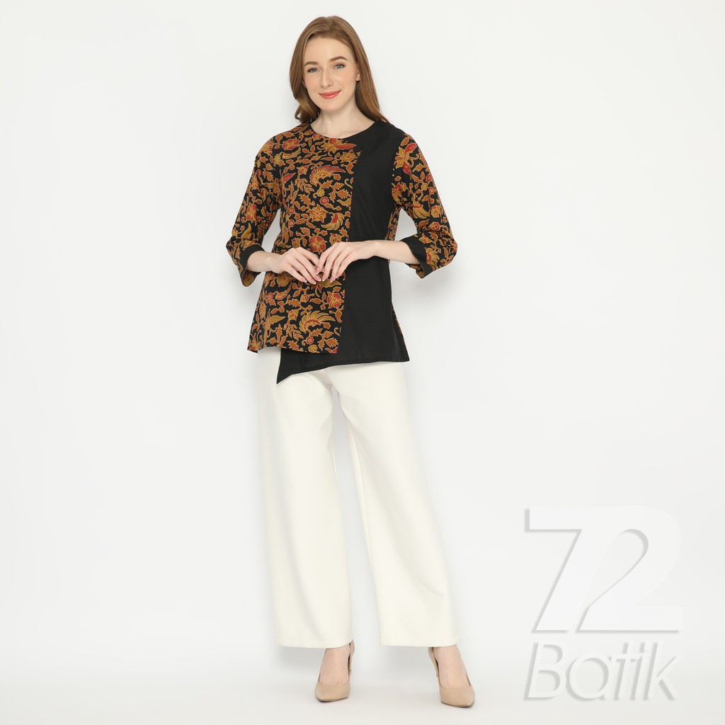 BLUS BATIK PREMIUM KATUN BLOUSE WANITA MOTIF KUPU WARNA KUNING MERAH HITAM 728277 CAP 72