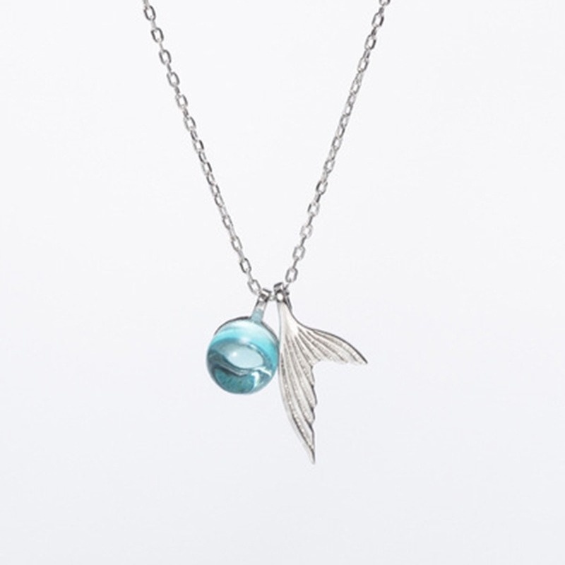 [Ready Stock]Fashion New Aquamarine Stone Man Fish Tail Crystal Pendant Necklace
