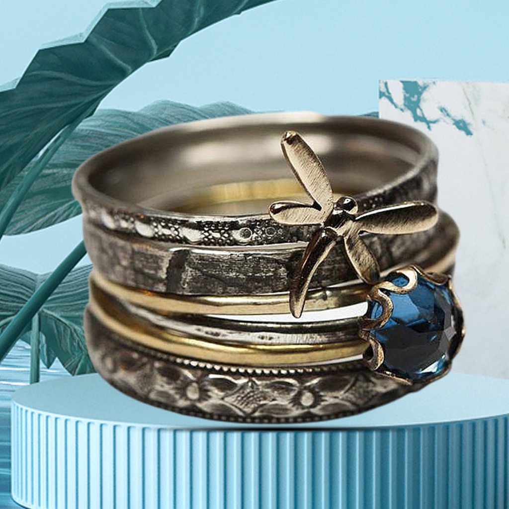 Hu Hu Hu Hu Hu Alat Bantu Pasang Kacamata♡ Cincin Jari Multilayer Desain Capung Aksen Kristal Imitasi Warna Biru Gaya Vintage Untuk Kencan