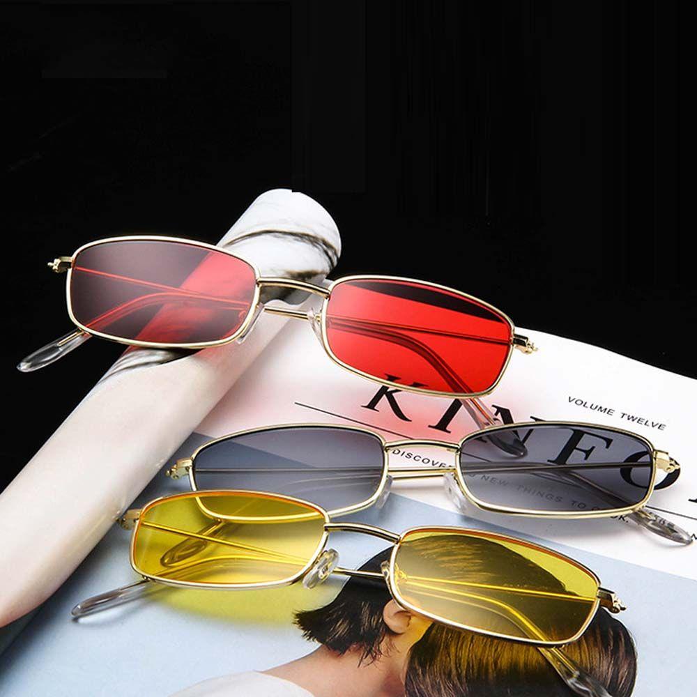 Augustina Kacamata Hitam Persegi Panjang Lensa Pink Pria Merah Anti UV Warna Emas Bingkai Logam Square Korean Sunglasses