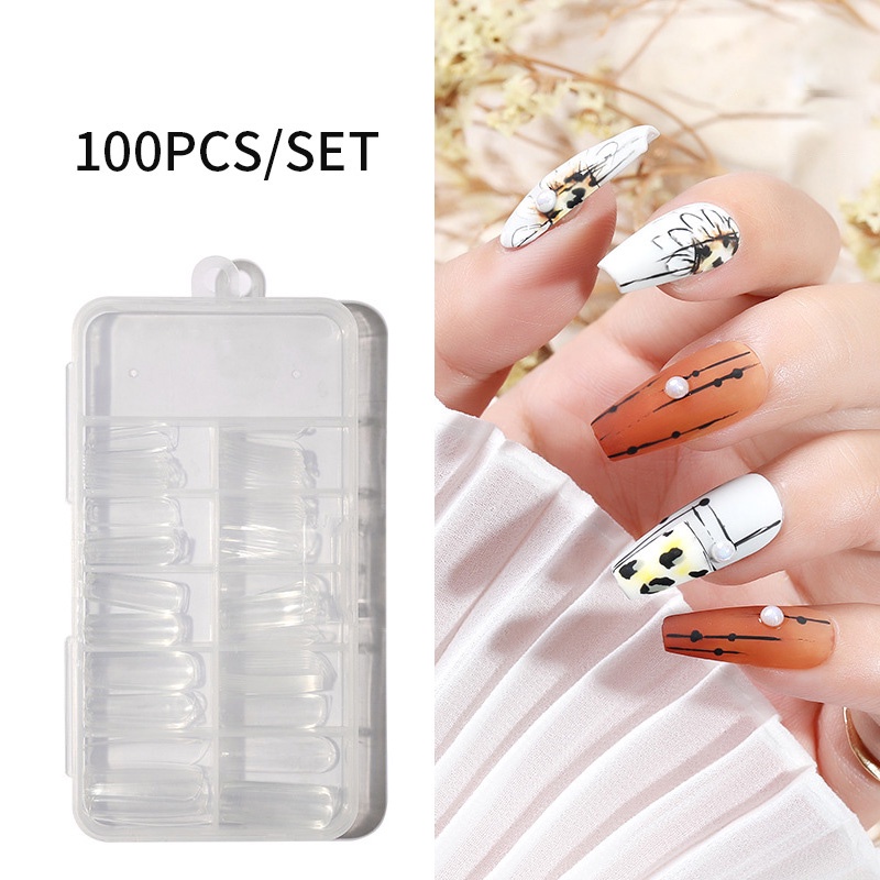 100pcs / Kotak Kuku Palsu Full Cover Bahan Akrilik Bening Natural Untuk Nail Art