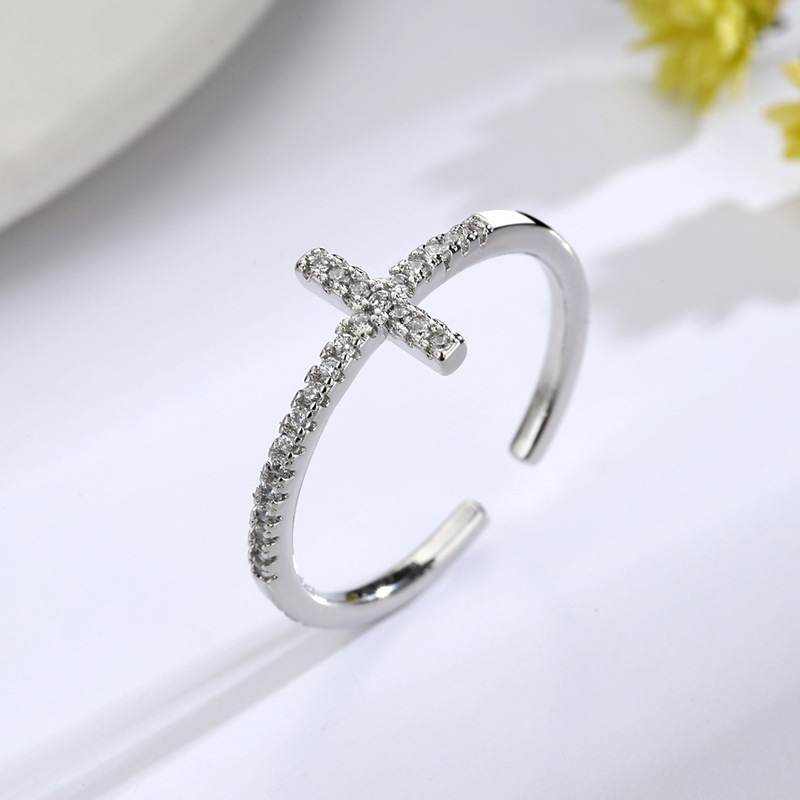 Korean Style Sparkling Diamond Cross Open Ring Women's Fashion Jewelry Engagement Gift