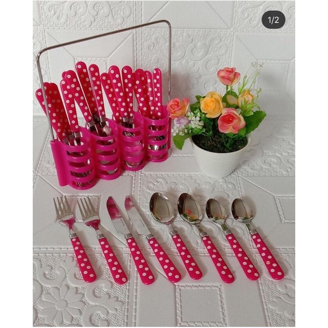 sendok shabby polkadot warna pink isi 24pcs