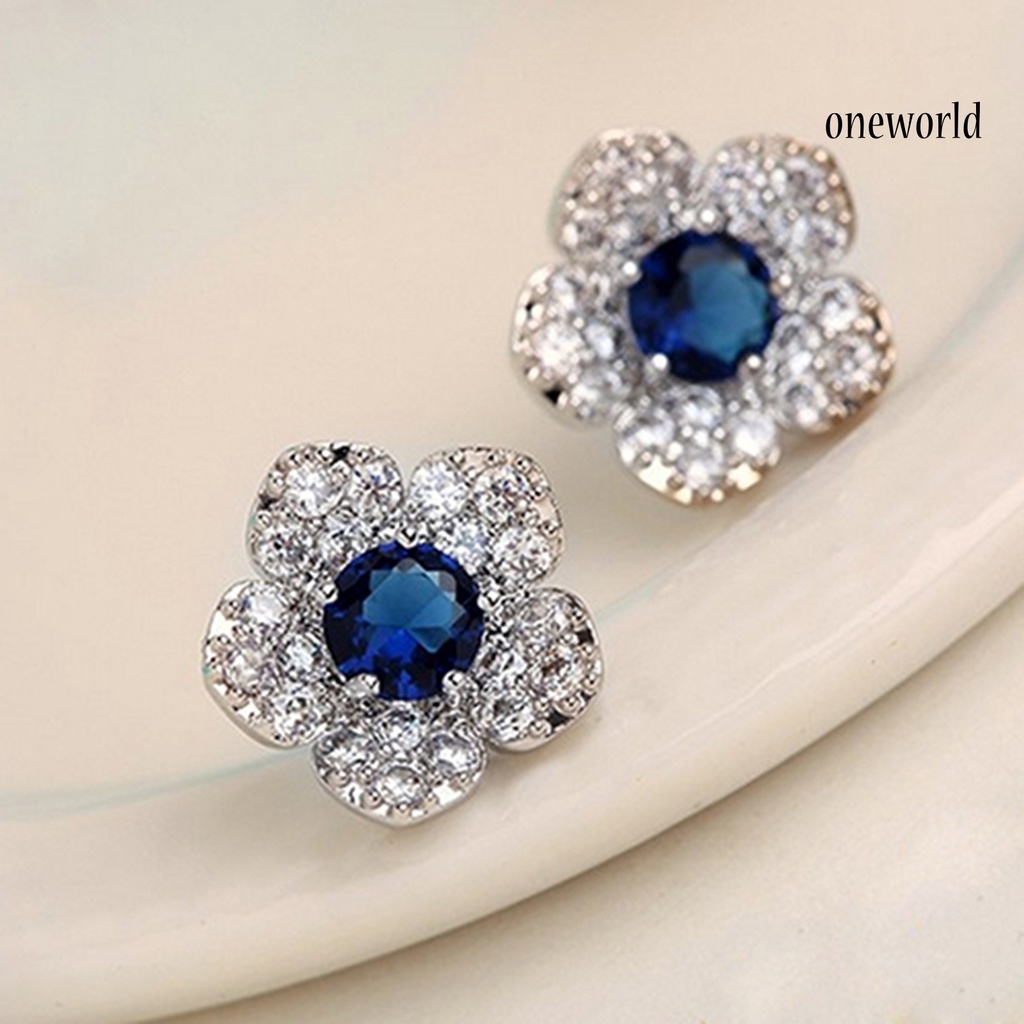 OW@ Earrings Flower Shape Design Charming Alloy Rhinestones Inlaid Ear Studs for Women