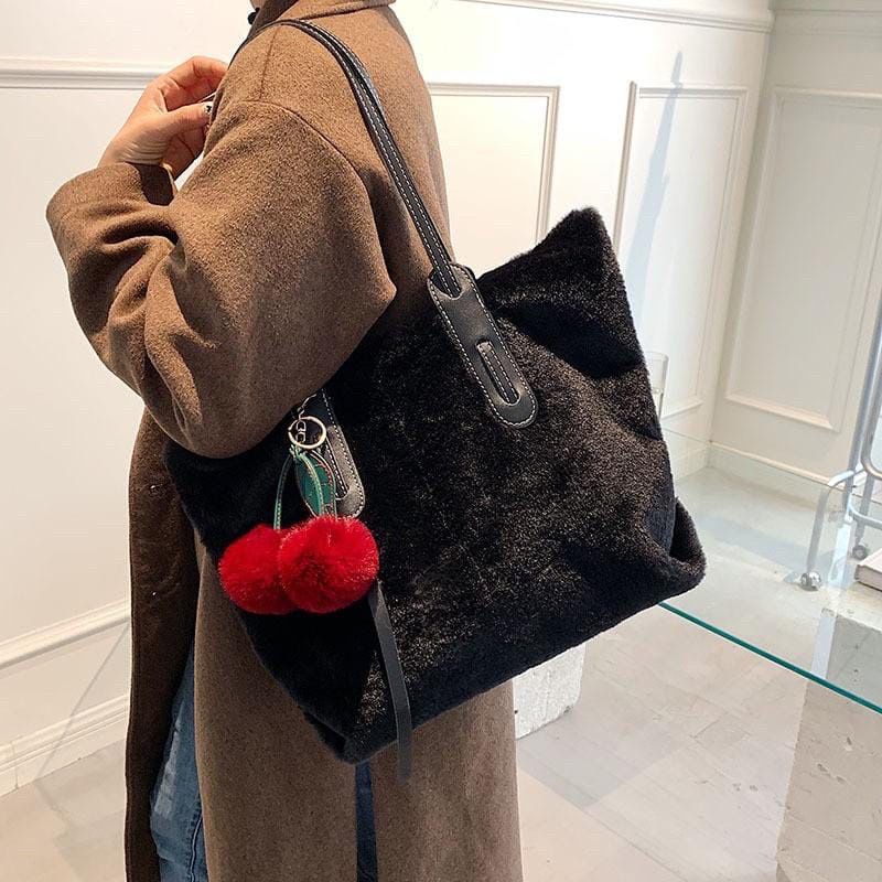 Tas Tote Bulu Beludru Cherry / Tas Wanita Bulu Tas TOTE BAG HOBO CHERRY KEISHA Bahan Bulu Korea Import Lembut Soft Fluffy Muat Banyak Tas Remaja