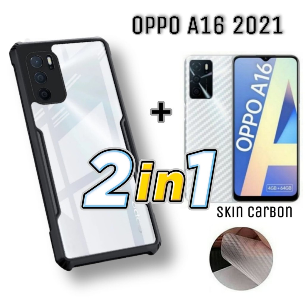 Case OPPO A16 Paket 2in1 Hard Case Fusion Shockproof Armor Transparant Free Skin Carbon