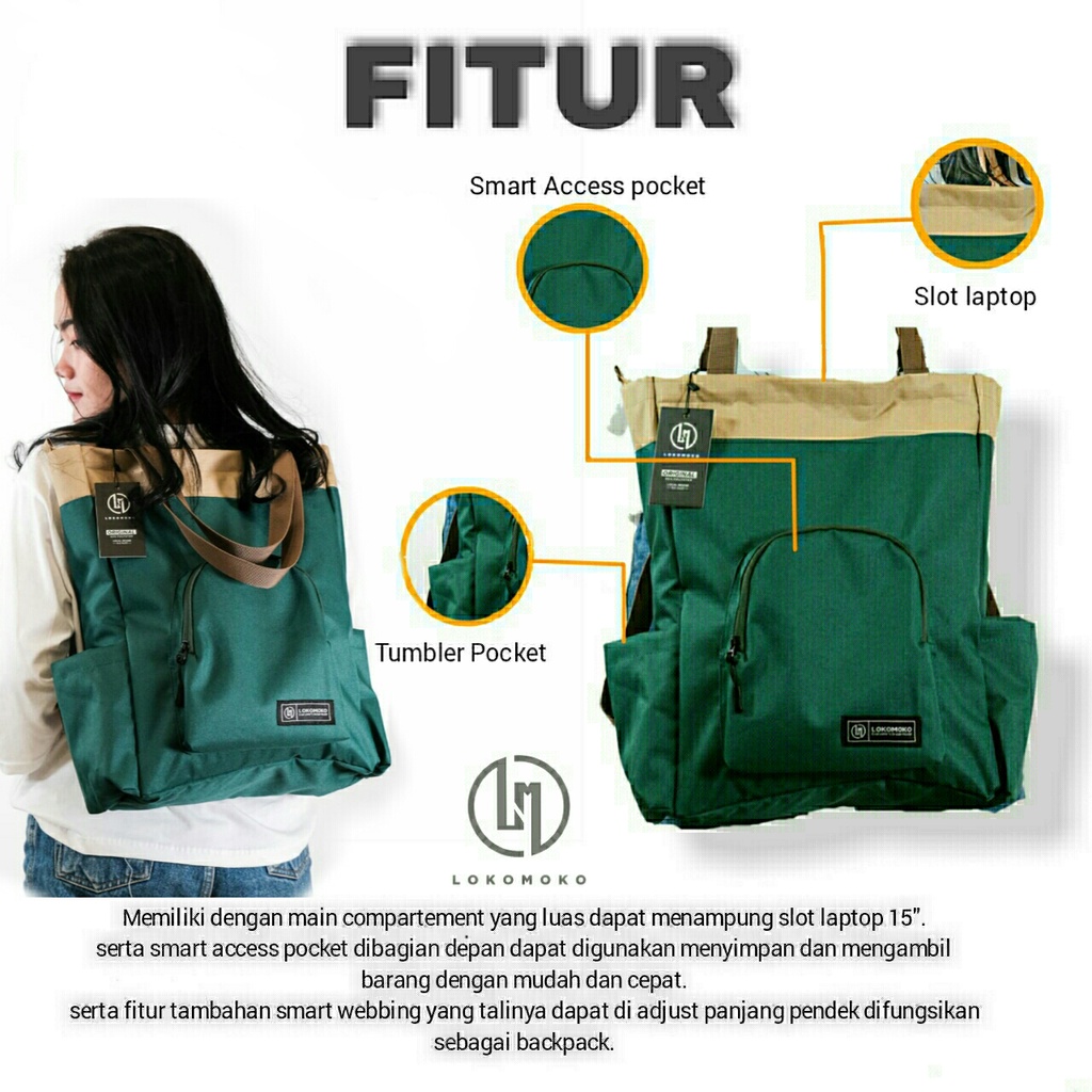 Lokomoko - Tote Bag Bagpack Casido Multifungsi Tas Ransel Selempang Dan Jinjing Muat Laptop 15&quot;