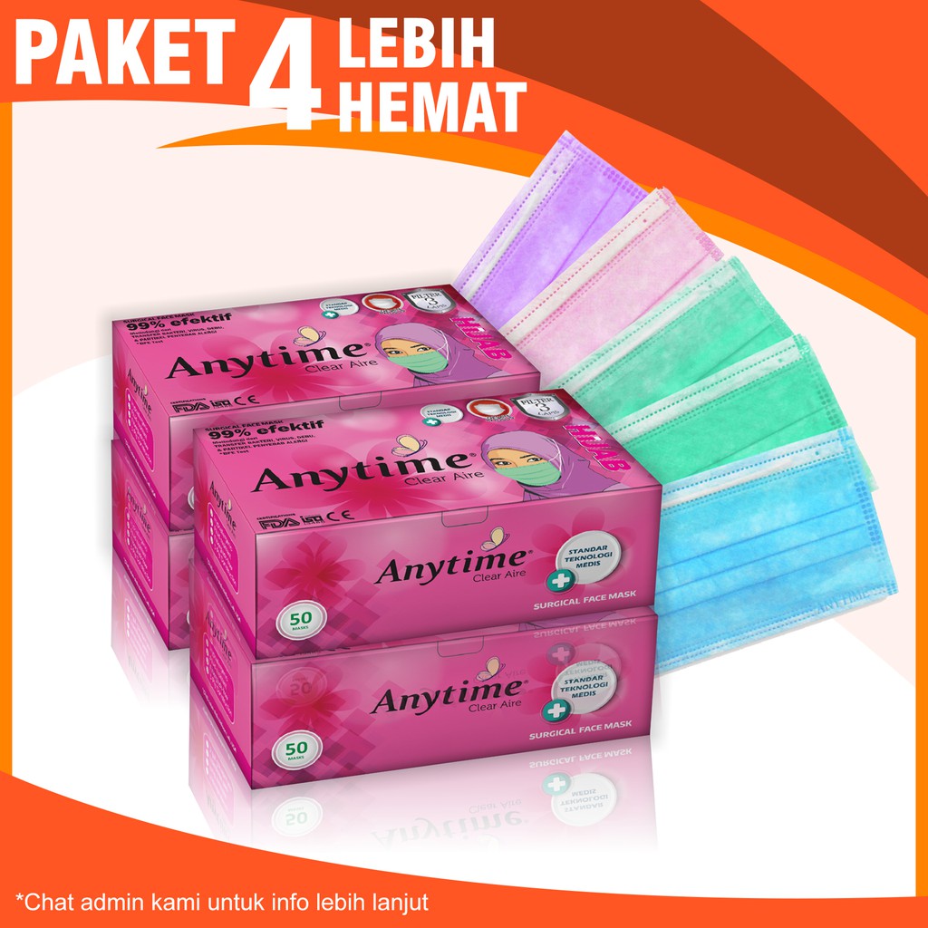 

Anytime Headloop Surgical Face Mask 50 Pcs For Hijab - Paket 4 Bags