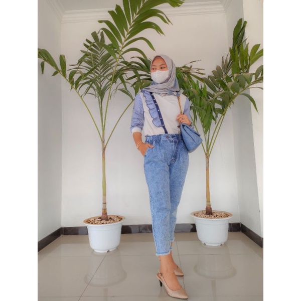 Feya Boyfriend Jeans Highwaist Pants Celana Panjang Denim Outfit Remaja Ootd Kekinian