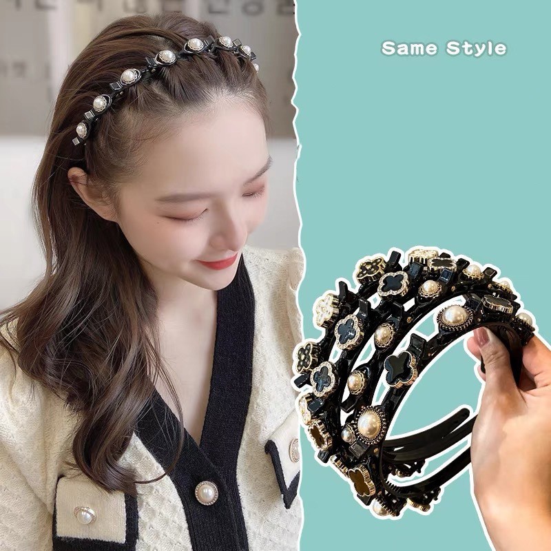 (VCM) Korea Fashion Ikat Kepala 2 in 1 Jepit Rambut Pola Kristal Mutiara Wanita Dewasa Rambut Hoop Jepit Rambut / bando jepit