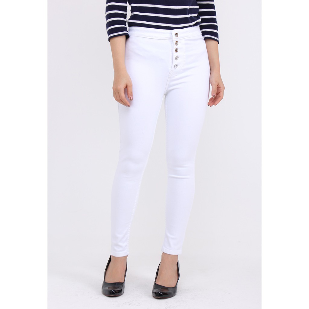 Dazina Plain White Celana Highwaist kancing 5 wanita - putih