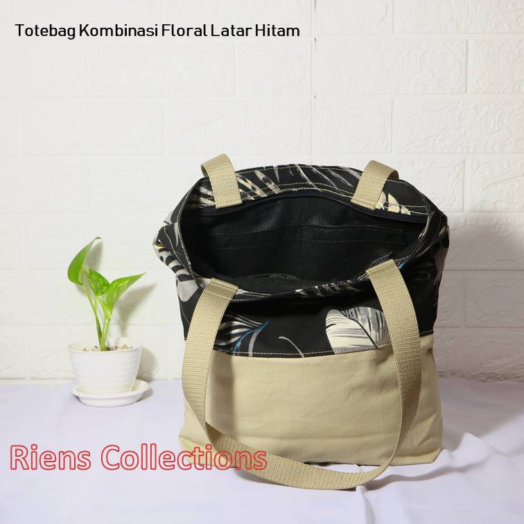 TAS KANVAS TOTEBAG KANVAS KOMBINASI MOTIF FLORAL LATAR HITAM. Riens Collections