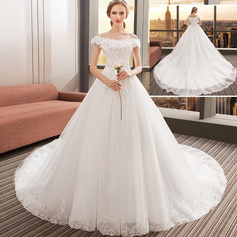 Putih Gaun pengantin lace Korean wedding dress Long tail Gaun pesta S-3XL