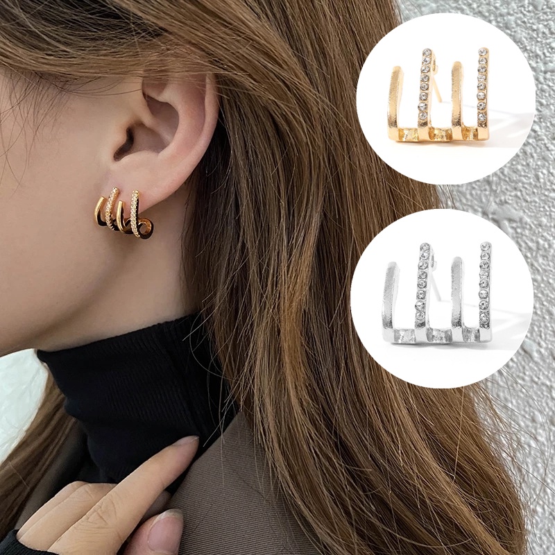 Anting Kait 4 Cakar Geometris Bahan Alloy Warna Silver / Gold Untuk Wanita