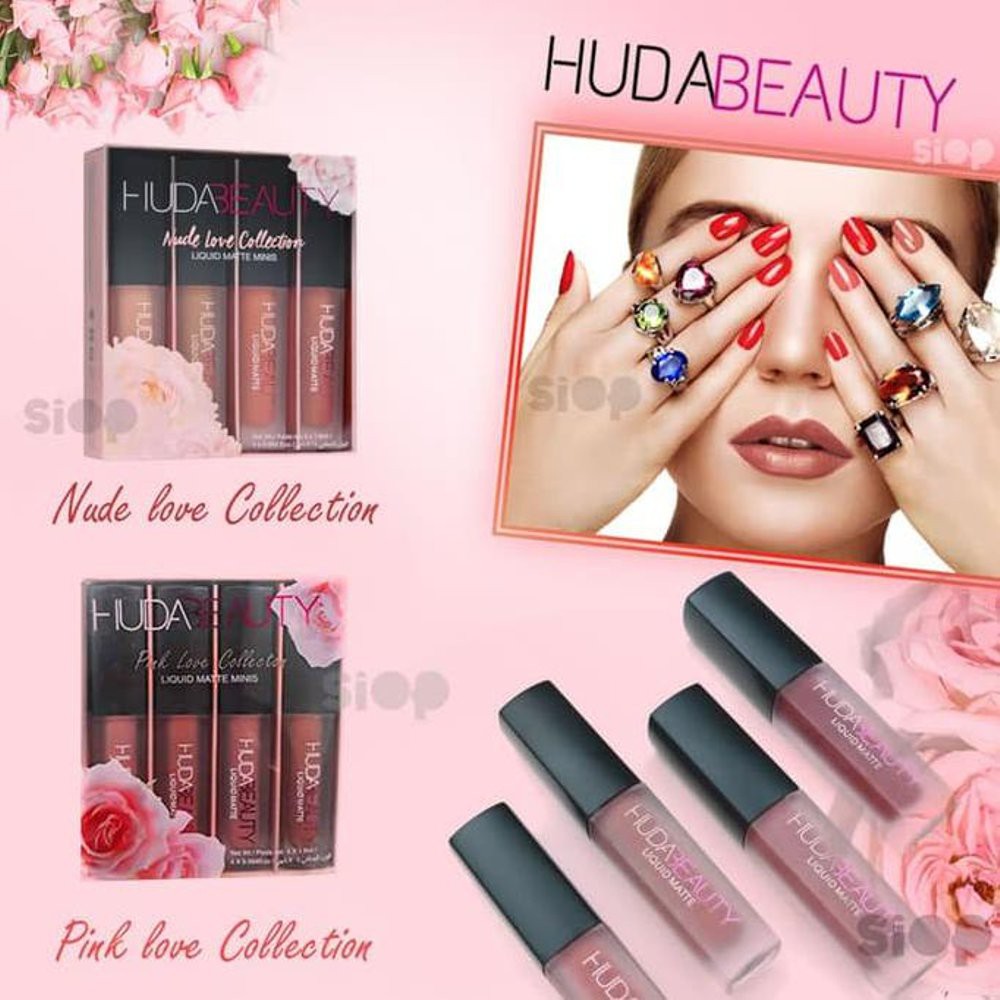 HUDA BEAUTY LIP CREAM 4 IN 1 - ISI 4 PCS - PINK / NUDE LOVE COLLECTION - MINI LIPCREAM LIQUID MATTE
