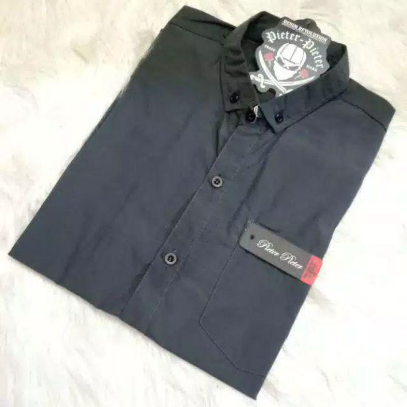 KEMEJA PRIA BOYI TOP MAN LENGAN PANJANG PENDEK KASUAL FORMAL KERJA KANTOR POLOS PUTIH HITAM WHITE-Kmja pndk darkgrey