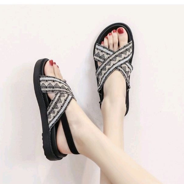 Sandal Wanita Wedges Import Kanvas Tribal Terbaru Kekinian Korean Style Sendal Cewek Jeje Kasual Sandal Wedges Wanita FLORIDA Import Balance 238-1 Bisa Cod