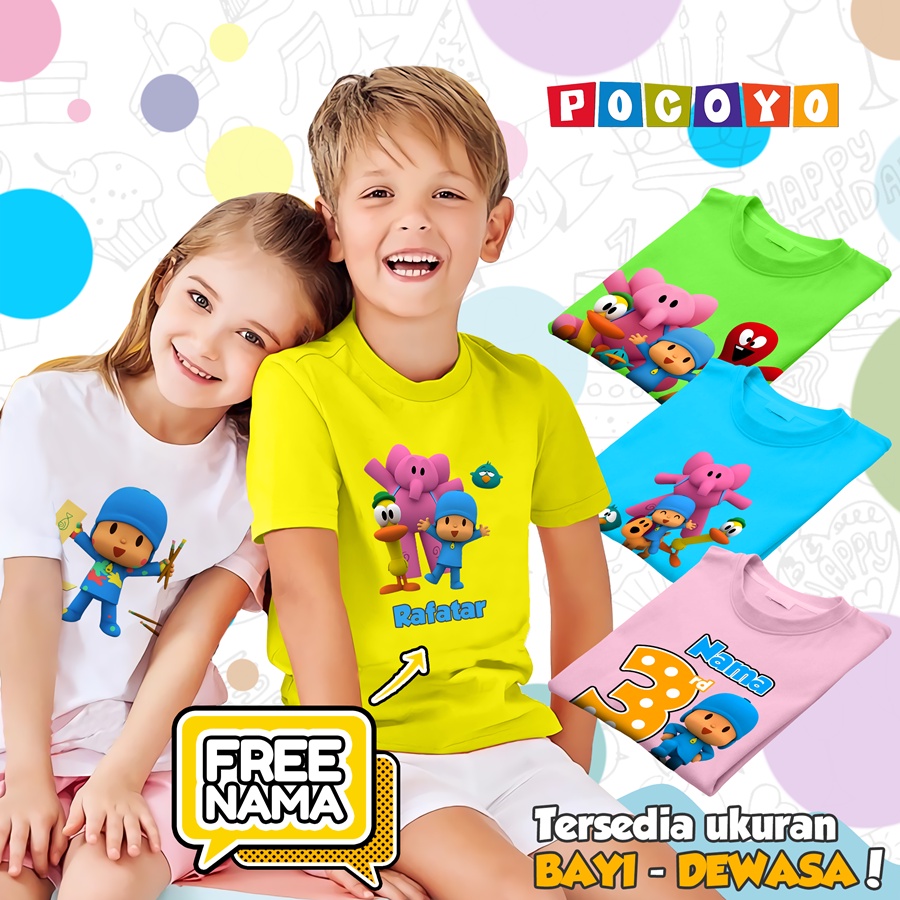 [FREE NAMA!!] Baju Kaos COUPLE  ANAK DAN DEWASA POCOYO BANYAK MOTIF