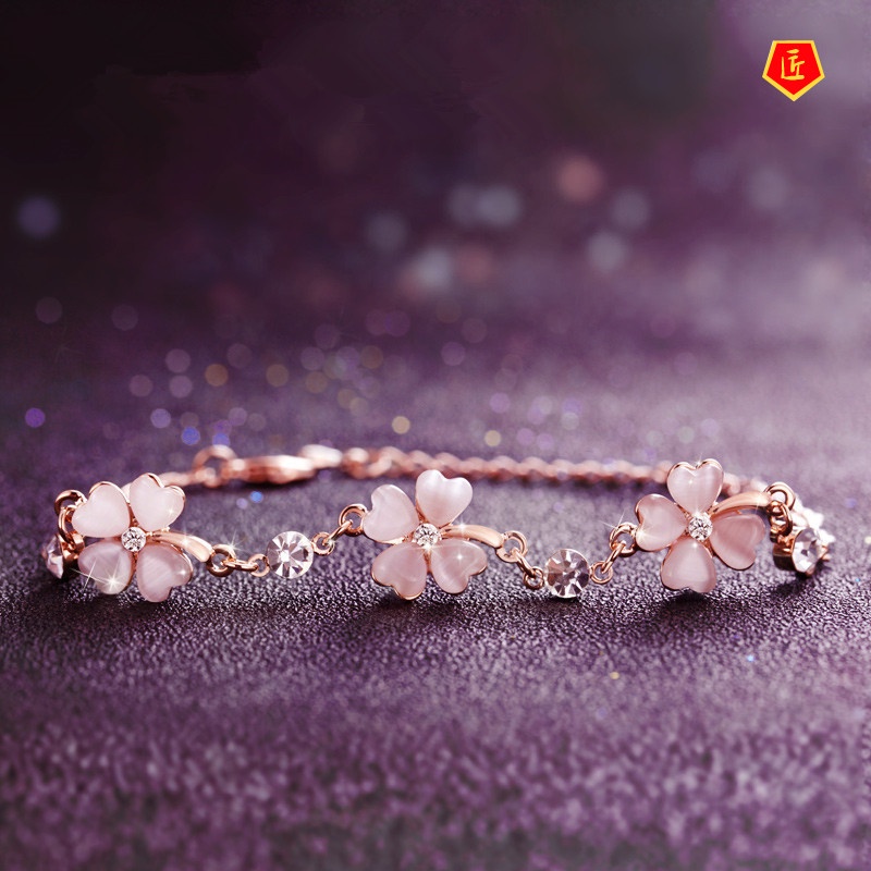 [Ready Stock]Peach Blossom Pink Crystal Four-Leaf Clover Bracelet